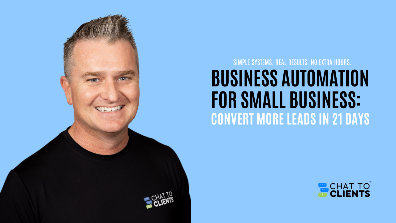 A local business owner checking their phone while working, with an overlay text that reads: Business Automation for Small Business – Convert More Leads in 21 Days